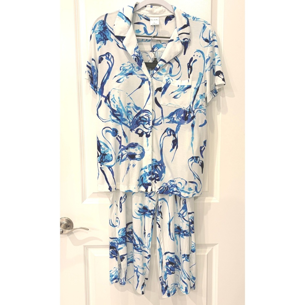 Soma Pajama Set Large Blue White Flamingo Cool Nights Crop Pants Short Sleeve